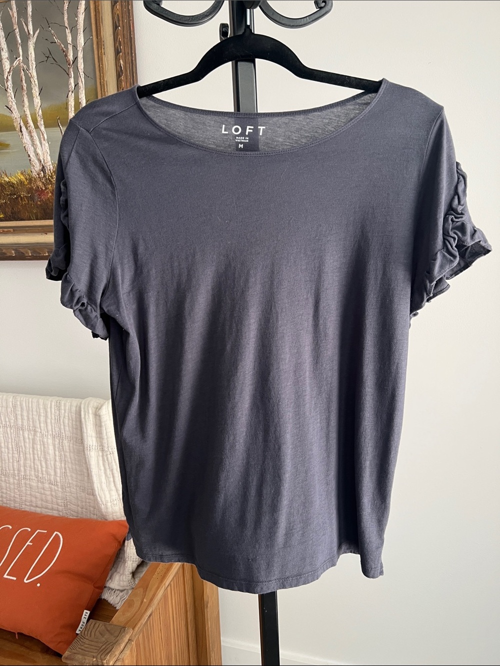 LOFT Short Sleeve Ruffle Sleeve Tee - Black/Gray